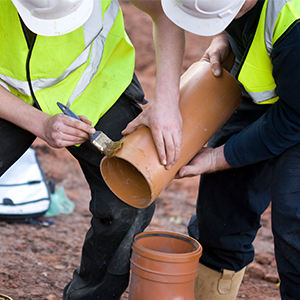 man installing sewer pipe