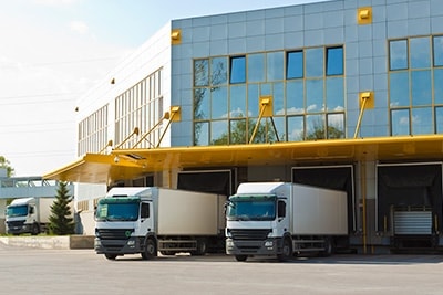 Lorries in a distribution centre.