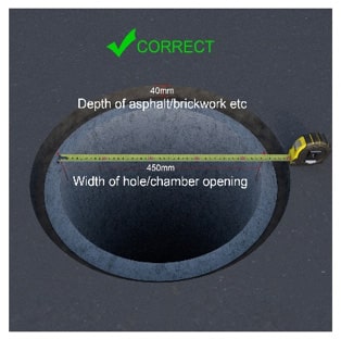 Measure the width of the internal hole or chamber opening for the correct manhole cover size. Measure the width of the internal hole or chamber opening for the correct manhole cover size.