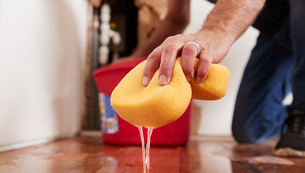 Person with a yellow sponge cleaning up water.