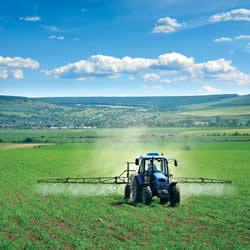 Tractor spraying field.